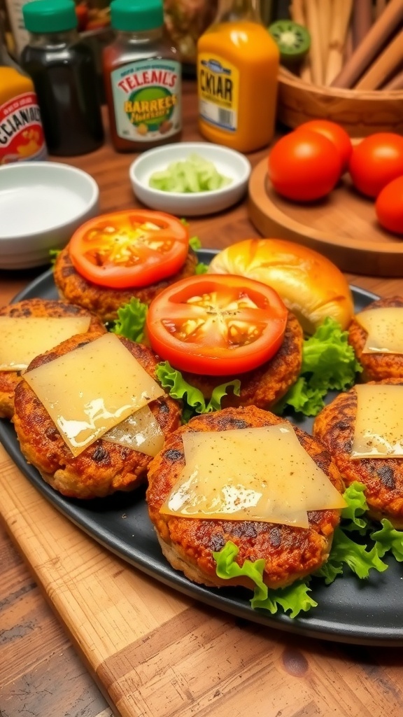 Oven-baked hamburger patties on a plate with lettuce, tomatoes, and cheese, ready to serve.